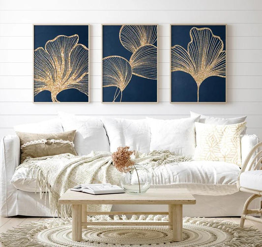 Navy Blue & Gold Wall Art | Set of 3