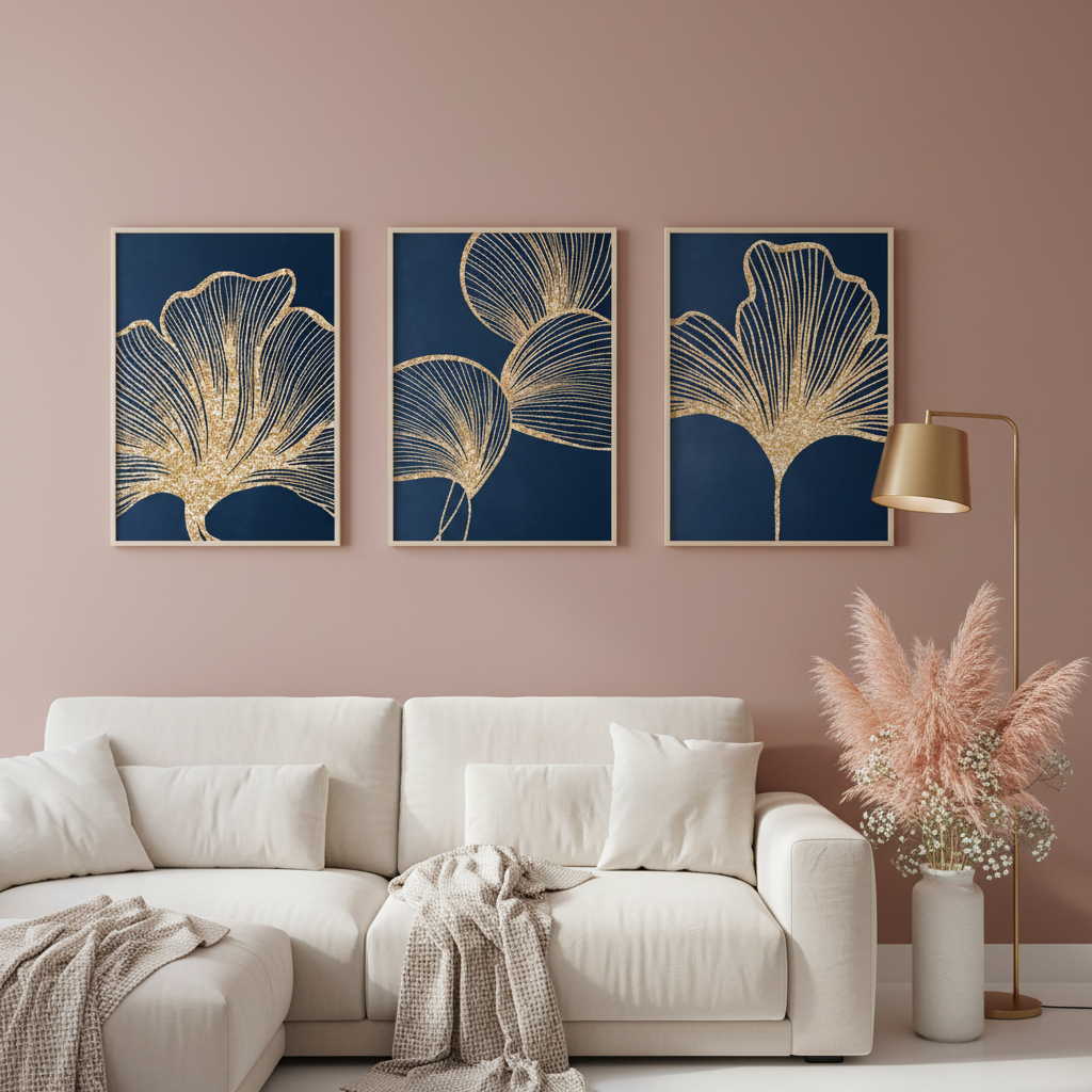 Navy Blue & Gold Wall Art | Set of 3