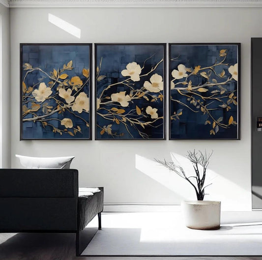 Navy & Gold Botanical Abstract Art | Set of 3