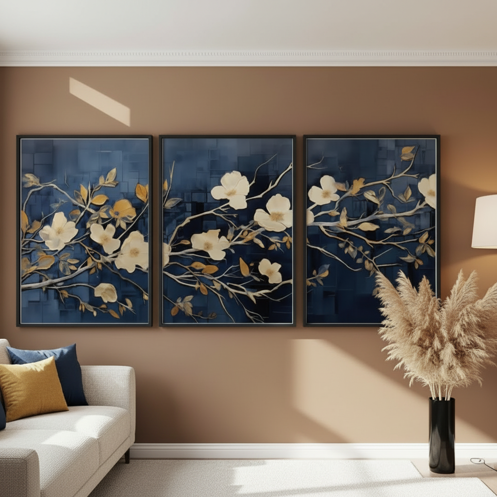 Navy & Gold Botanical Abstract Art | Set of 3