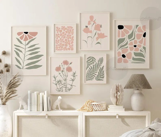 Boho Botanical Pink & Sage Green Gallery Wall | Set of 6