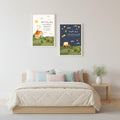 Two framed illustrations of a house and a car with 'Morning Dua' and 'Night Dua' text on a white wall.