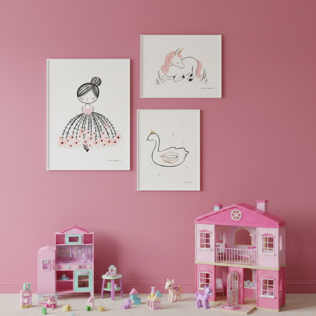 Set of three illustrated prints featuring a girl, unicorn, and swan on a baby pink background.