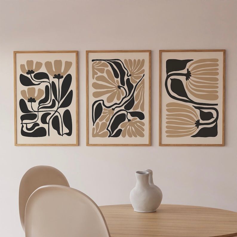 Abstract Beige Black Flower Wall Art | Set of 3