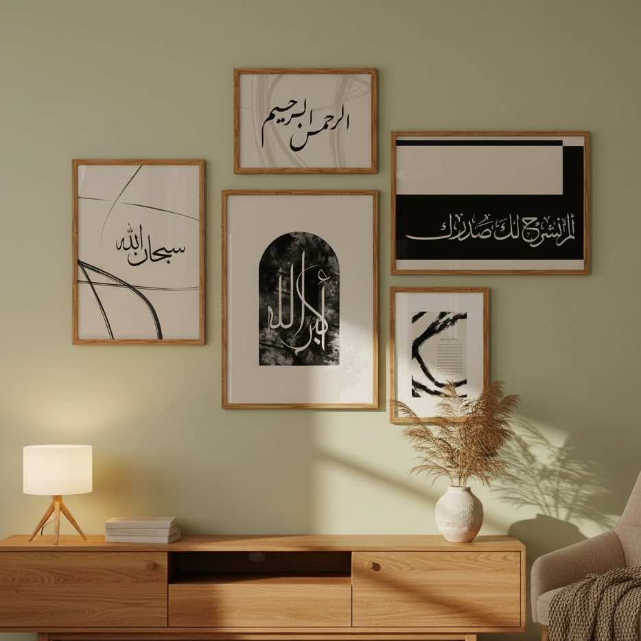 Wall with framed Arabic calligraphy art pieces in a living room setting.