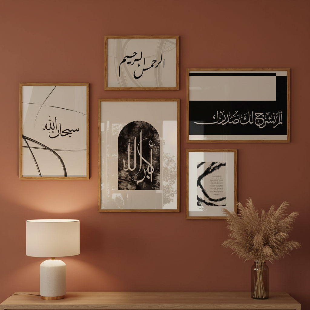 Set of framed Arabic calligraphy artworks on a beige wall.